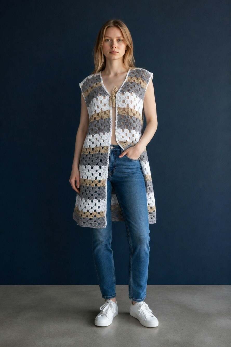 Handmade Crocheted Sleeveless Long Vest Cardigan, grandmacore, cottagecore.